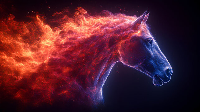 horse, the head of a horse in a multi-colored flame. Abstract multicolored profile portrait of a dog head on a black background
