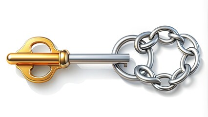 Obraz premium Golden key attached to a silver metal chain, isolated on white background, vector illustration of a classic keychain design with intricate details and shading.
