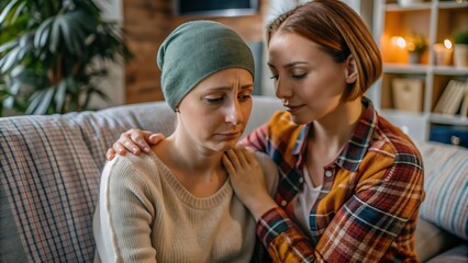 Naklejka premium Woman comforting friend with cancer.