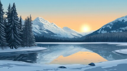 Obraz premium A serene winter landscape featuring mountains, a lake, and a sunset reflection.
