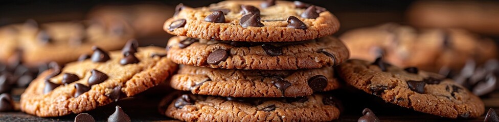 Pile of chocolate chip cookies on dark surface Freshly baked dessert Homemade treats Comfort food Stacked sweets Crunchy texture Delicious snack
