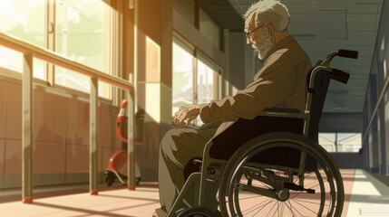 An elderly man sits in a wheelchair, gazing thoughtfully out a window in a brightly lit rehabilitation facility