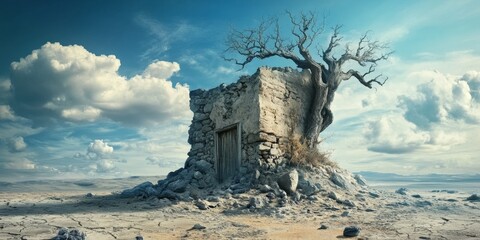 Misty Natural Landscape Collage: AI-Generated Scenic Island Wallpaper on Computer Display. Creative Abstract Marketing Background Showcasing Beauty, Travel, and Environmental Protection. Minimalist Co