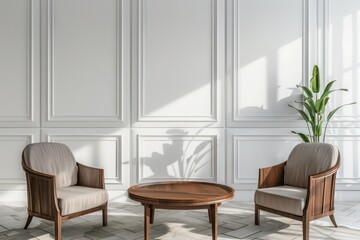 Fototapeta premium Modern Living Room with Art Deco Interior Design - Round Wooden Coffee Table, Armchairs, Sofa Against White Paneled Wall.