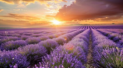 Stunning sunset over lavender field Purple flowers in rows stretching to horizon Golden sun rays Dramatic sky Provence landscape Aromatic herb farm