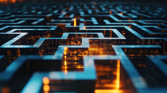 Poster depicting a labyrinth with JavaScript code guiding the way to convey programming problem-solving