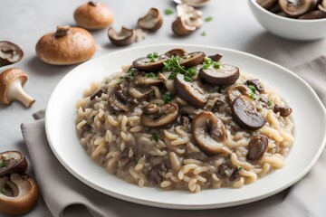 Fototapeta premium Beef and mushroom risotto with tender beef chunks and earthy mushrooms in a creamy parmesan, AI Generated