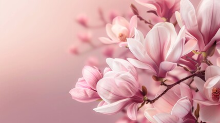 Obraz premium Gift certificate, Voucher template with realistic pink magnolia flower bouquet. Vector romantic floral background for wedding invite design, beautiful holiday invitation card, gathering or coupon