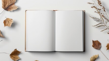 Open blank notebook with dry autumn leaves and twigs scattered around on a white surface evoking a seasonal writing mood