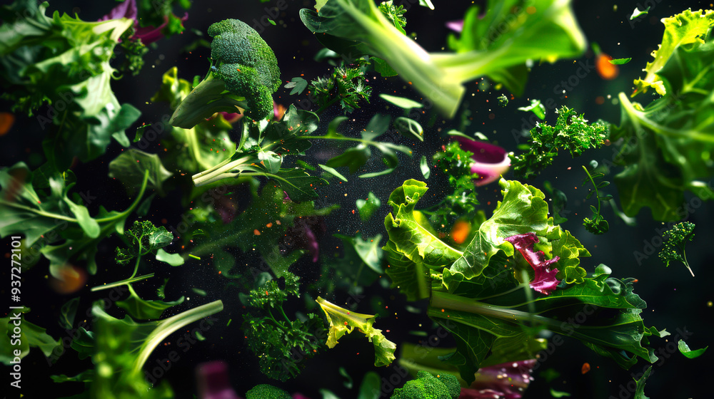 Wall mural fresh juicy greens are hanging in the air on a black background. close-up of lettuce leaves, dill, p