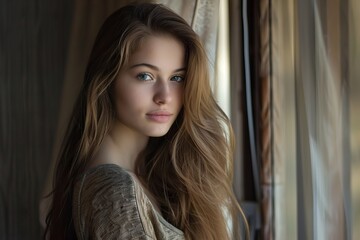Fototapeta premium Portrait of a young caucasian woman with long wavy hair looking out a window with soft natural light highlighting her features