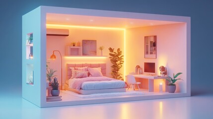 detailed isometric view of a miniature room inside a cutaway box, featuring soft lighting, gentle color tones, and 3D Blender