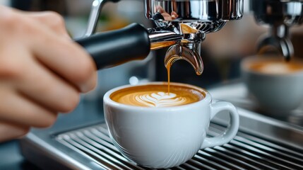 Barista making espresso shots in a small, intimate cafe.