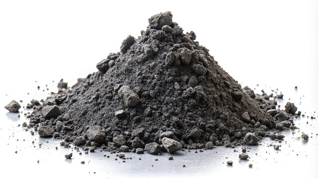 Industrial pollution concept with dark grey fly ash scattered on white background, highlighting environmental impact of coal combustion residue.