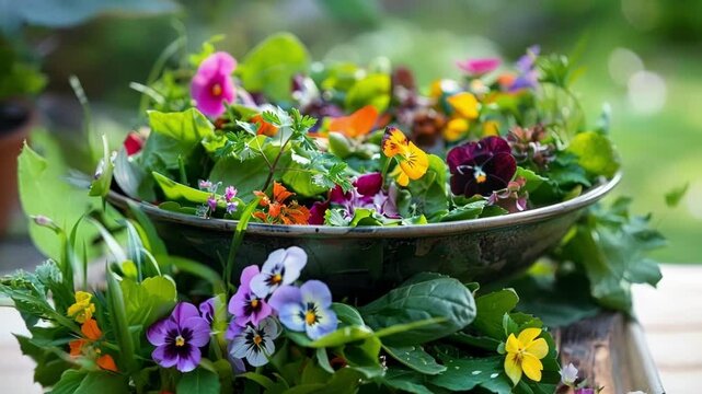 Vibrant salad with edible flowers and herbs in a bowl, perfect for a healthy vegetarian meal. Enjoy fresh, raw, and organic ingredients straight from the garden