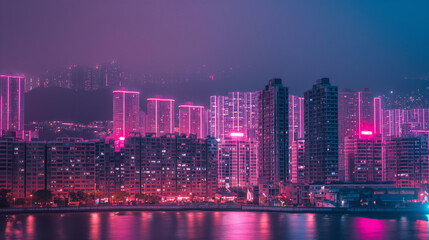 Obraz premium Pink Lights in the Night: A night scene of a city with all buildings illuminated in pink, showcasing collective participation in raising awareness, with copy space