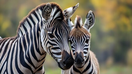Naklejka premium Pair of Zebra Calves Grazing in African Savanna Grassland
