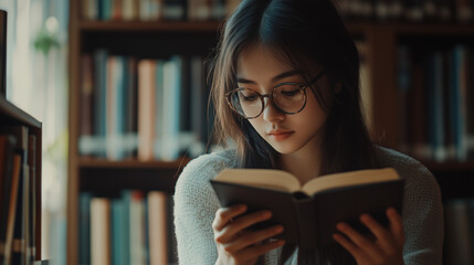 Intellectual and Academic Scene Featuring a Thoughtful Woman Studying in a Library for International Literacy Day