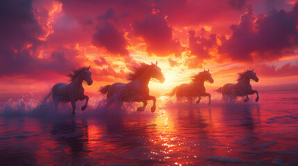horses running in the water amidst a beautiful sky and pink clouds