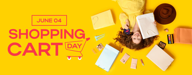 Beautiful young woman with credit cards, different decorative cosmetics and shopping bags on yellow...