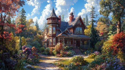 Charming Victorian house surrounded by lush gardens and trees