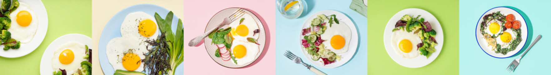 Collage of plates with tasty fried eggs and vegetables on color background