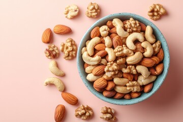 Assorted Nuts in Blue Bowl on Pink Background - Healthy Snack Variety of Almonds, Cashews, and Walnuts