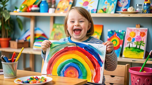 Joyful child with Down syndrome smiling brightly, holding a colorful painting, surrounded by art supplies and celebrating creativity and individuality.