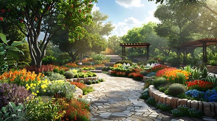 Obraz premium A vibrant garden pathway surrounded by colorful flowers and lush greenery, inviting exploration and relaxation.