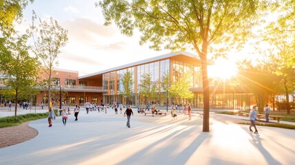 Obraz premium Children Playing in Modern Schoolyard with Sunlight Filtering through Trees