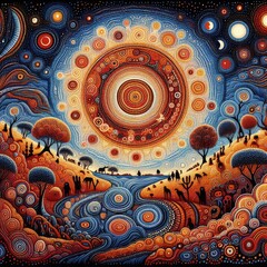 Australian Aboriginal dot painting style art dreamtime story of the land.