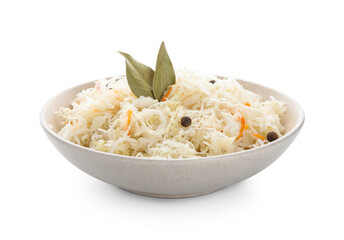 Bowl of delicious sauerkraut with bay leaves and peppercorn on white background