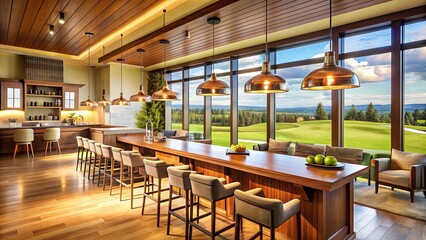 Luxurious golf course clubhouse features a stylish bar with stools, pendant lights, and polished wood, overlooking lush green fairways and sunny blue skies.
