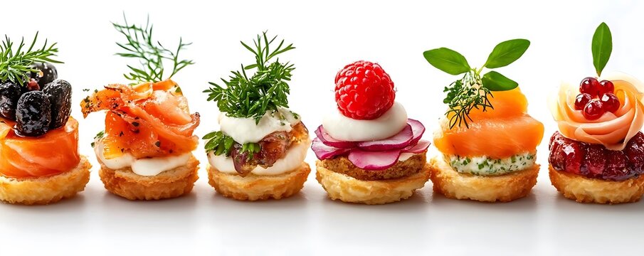 Gourmet Appetizers: Salmon Canapes with Dill, Raspberry, and Smoked Salmon Rose - Powered by Adobe