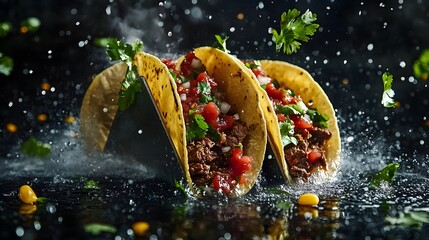 Mexican Tacos with Fresh Ingredients in Water Splash