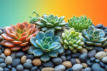 Fototapeta premium Colorful Succulent Plants Arranged on Smooth Pebbles with Vibrant Gradient Background