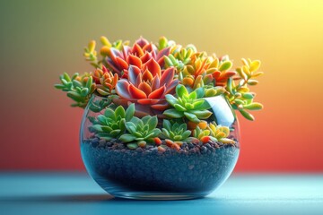 Vibrant Succulent Arrangement in Glass Bowl with Colorful Gradient Background