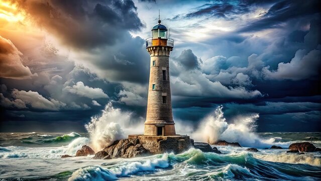 Majestic Eddystone Lighthouse stands tall on a rocky outcrop amidst turbulent sea and stormy skies, its beacon shining bright in the darkness.