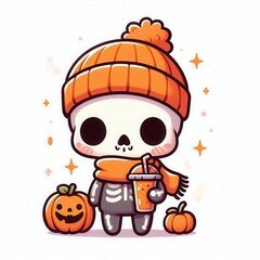 Cute cartoon skeleton in a knitted hat and scarf, holding a drink with pumpkins. Perfect for Halloween-themed designs and seasonal marketing.