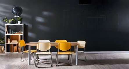 Room interior with black wall chairs and tables in the room