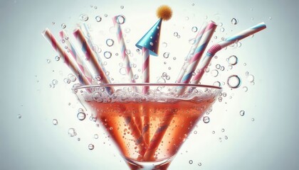 A vibrant cocktail with colorful party straws and bubbles, perfect for celebrating special occasions. Ideal for promotional materials in bars and event planning.
