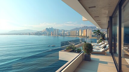 Fototapeta premium A landscape view of ocean and a town near water with a sun shine, AI generated