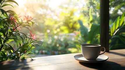 Peaceful Morning Coffee Break in Lush Outdoor Garden Setting