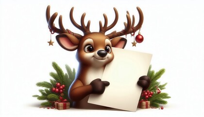 Adorable animated reindeer holding a blank sheet, perfect for festive designs, greeting cards, or holiday marketing materials.