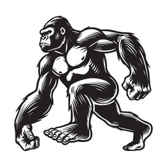 Obraz premium Gorilla Silhouette - Funny Gorilla Gesture, Muscle Gorilla Clipart, A Knuckle Walk Gorilla Illustration in black and white 