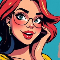 Fototapeta premium A colorful illustration of a young girl with big beautiful eyes and long red hair. Pop art style.