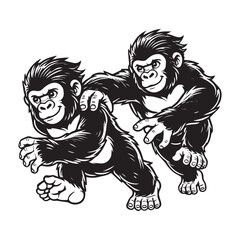 Fototapeta premium Gorilla Silhouette - Funny Gorilla Gesture, Muscle Gorilla Clipart, A Sibling Chase Gorilla Illustration in black and white 