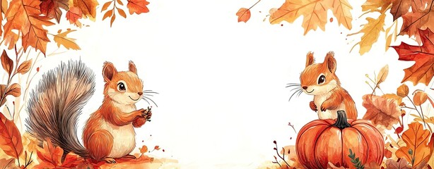 Fototapeta premium Charming illustration of squirrels in an autumn setting surrounded by colorful leaves and a pumpkin.