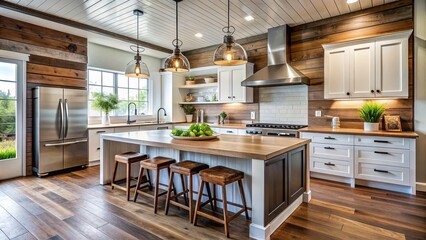 Modern farmhouse-style kitchen with shiplap accent wall, reclaimed wood island, and stainless steel appliances, perfect for renovation and interior design inspiration.