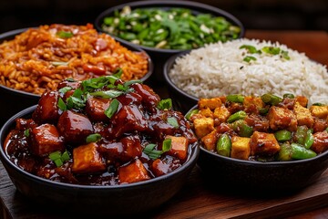 Assortment of Traditional Asian Dishes Including Stir-Fries, Rice, and Vegetables